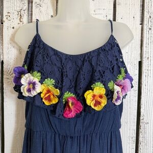 Iz Byer‎ Floral Dress Size Large Blue Maxi Sleeveless Boho Whimsical Cottagecore